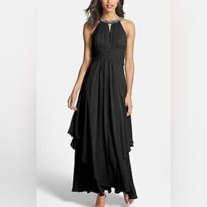 Eliza J Dress Women’s 8 Embellished Tiered Chiffon Halter Gown Black Like New